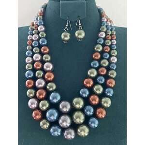 3 Pieces Colorful Imitation Pearl Necklace Earring Set Banquet Dress Y2K